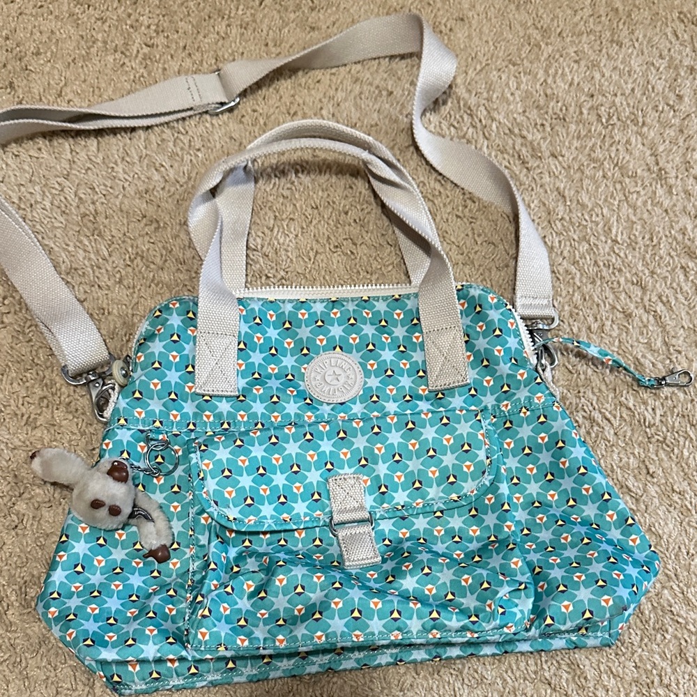Kipling Aqua Geometric Tote with Cream Straps